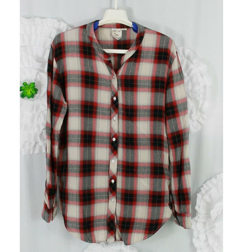 White Crow Womens Shirt Top Size Small Plaid Button Up Red Black Rounded Hem